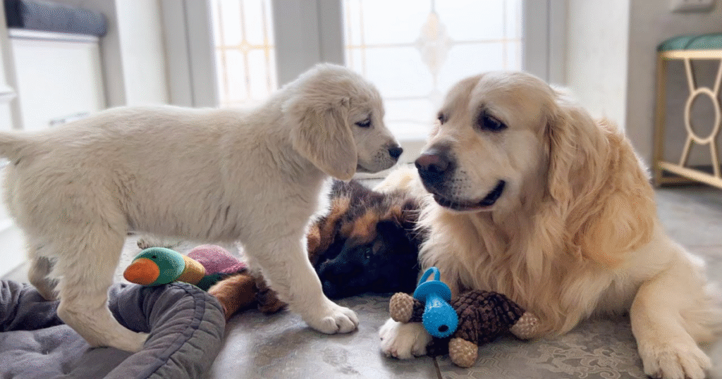 A calm dog being gently welcomed into a new home by a person kneeling nearby with an open hand, showing safe and respectful first contact."