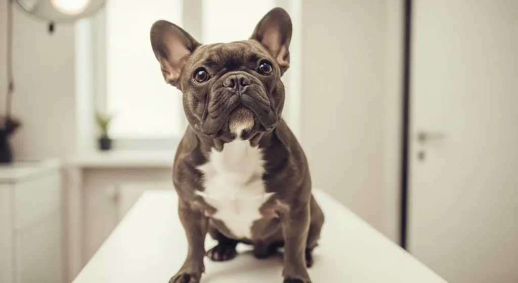 French Bulldog sitting on veterinary table showing health signs