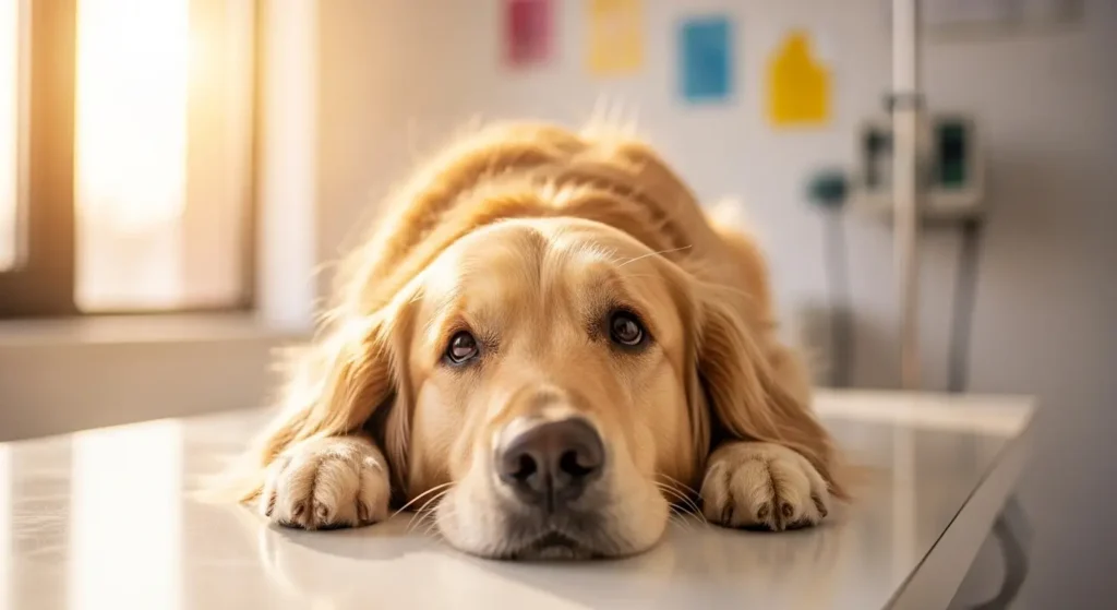 Dog lying on veterinary examination table showing signs of illness