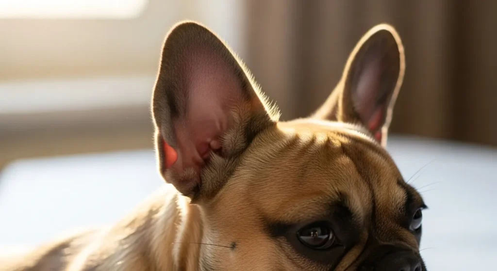 French Bulldog with bat ears being gently examined at home