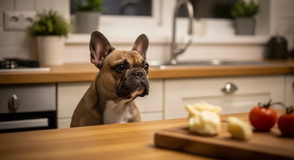 French Bulldog looking at food that is forbidden and toxic for dogs