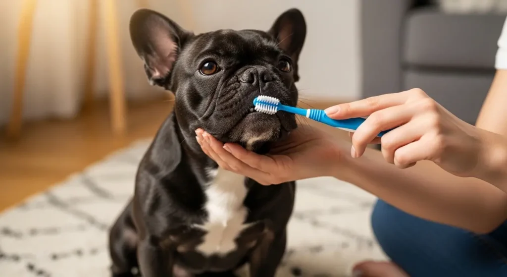French Bulldog getting teeth brushed at home without stress