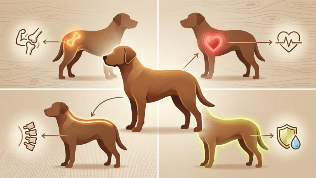 Breed-specific health risks illustrated in a dog silhouette showing how genetics affect different parts of a dog’s body