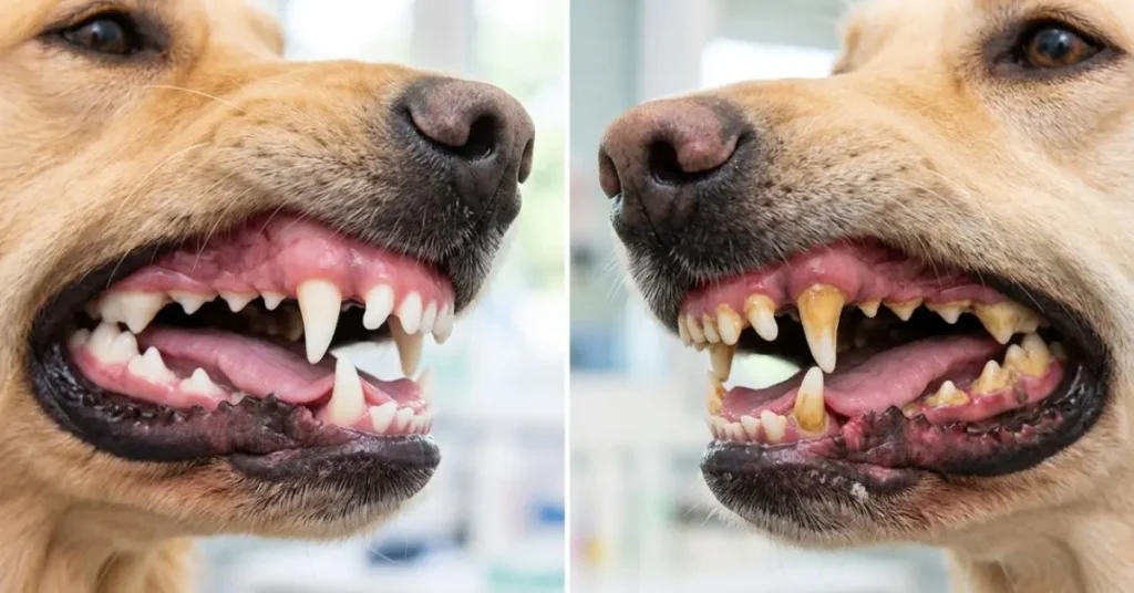 Dog dental health comparison showing healthy clean teeth on the left and tartar buildup on the right