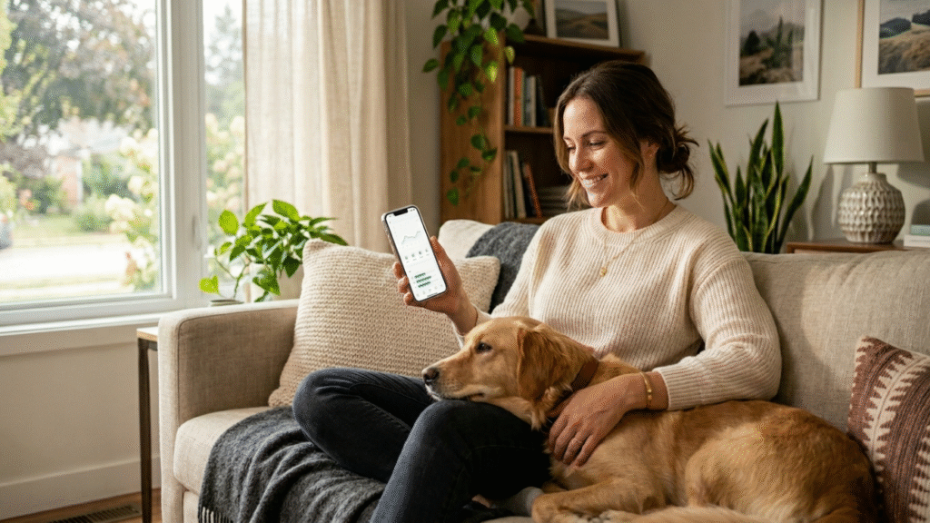 Dog owner checking breed-specific health information on a smartphone app while relaxing with their dog