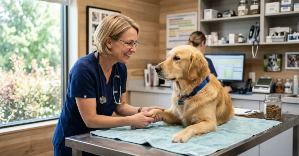 Dog receiving a calm routine health checkup at the veterinary clinic