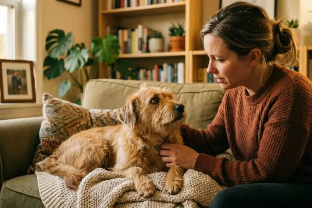 Dog resting on couch showing subtle signs of health issues while owner watches with concern